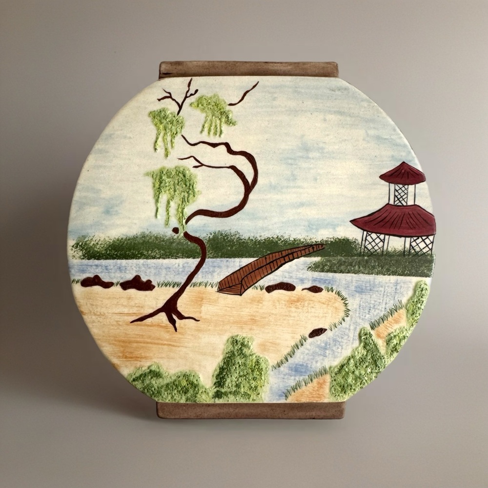 Mid Century Ceramic Asian Hand Painted Textured Planter Vase Pagoda Faux Wood